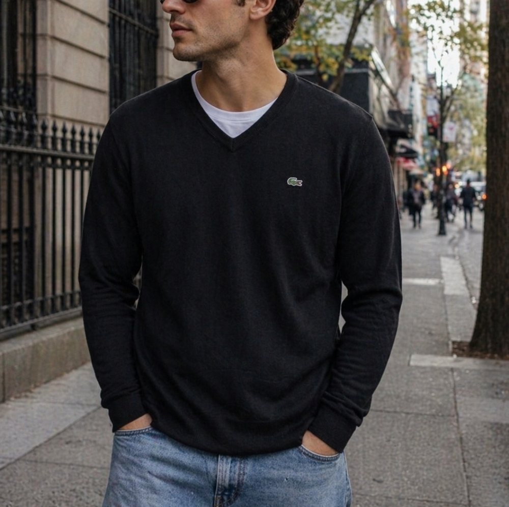 Lacoste Black V-Neck Sweater Size 3 Cotton Classic Knit Crocodile Logo Mens